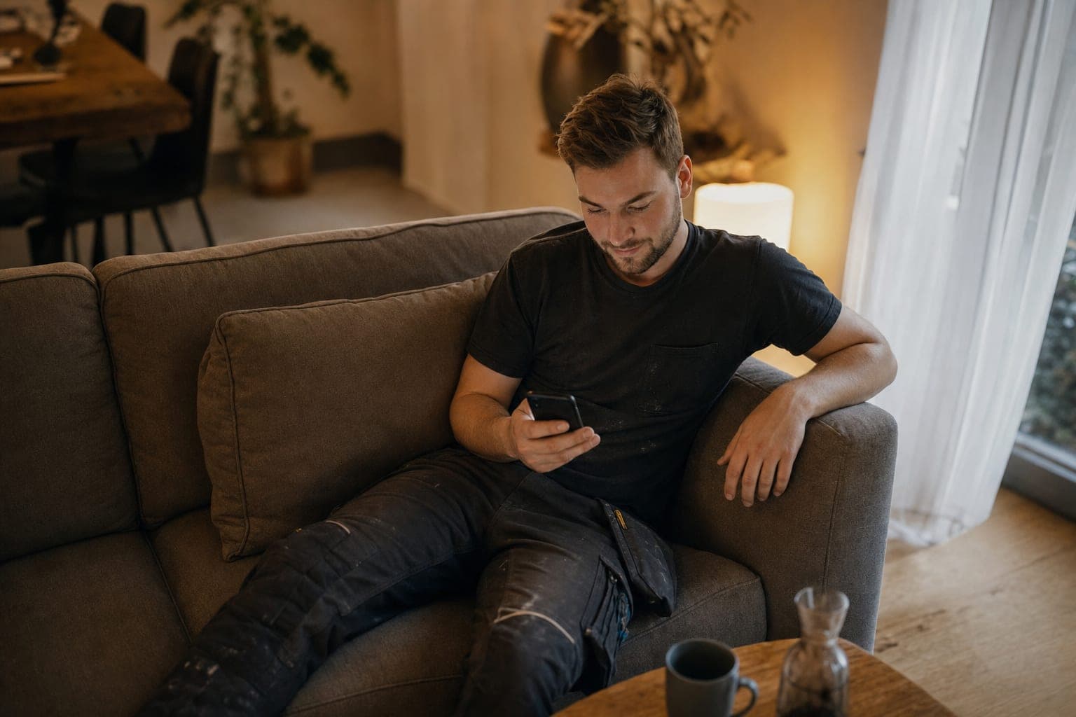 Fachkraft zuhause auf dem Sofa mit dem Telefon in der Hand